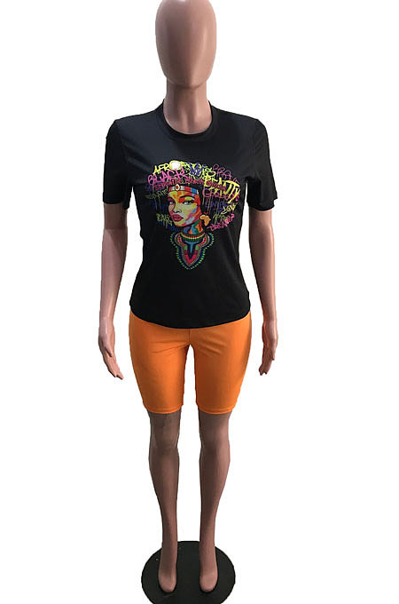 Orange Summer Patterns Printing Short Sleeve Round Collar T-Shirts Shorts Sport Sets YSH6232-2