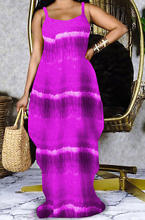 Purple Women Printing Loose Pocket Condole Belt Long Dress PH1233-3