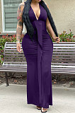 Wine Red Euramerican Women Sexy V Collar Ruffle Sleeveless Solid Color High Waist Long Dress OMY0029-2