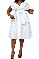 Women V Collar Pure Color Banquet Bowknot Swing Midi Dress HAN2106