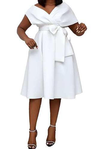 Women V Collar Pure Color Banquet Bowknot Swing Midi Dress HAN2106