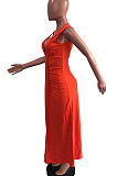 Orange Euramerican Women Sexy V Collar Ruffle Sleeveless Solid Color High Waist Long Dress OMY0029-1