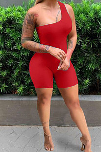 Red Summer Wholesal Oblique Shoulder Slim Fitting Solid Color Romper Shorts YSH6233-4