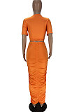 Khaki Cotton Blend Short Sleeve Round Neck Ruffle Long Skirt Solid Color Two-Piece WJ5227-1