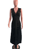 Purple Euramerican Women Sexy V Collar Ruffle Sleeveless Solid Color High Waist Long Dress OMY0029-3