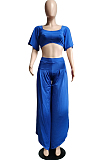 Sky Blue New Wholesal Loose Sleeeve Strapless Wide Leg Pants Solid Color Casual Sets WA7206-1