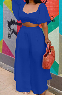 Blue New Wholesal Loose Sleeeve Strapless Wide Leg Pants Solid Color Casual Sets WA7206-2