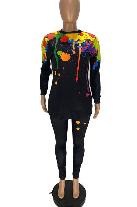 Blue Casual Splash-Ink Printing Long Sleeve Round Neck Jumper Sweat Pants Two-Piece WJ5113-3