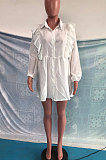 Blue Women Pure Color Long Sleeve Flounce Turn-Down Collar Single-Breasted High Waist T Shirt/Shirt Dress OMY0030-2