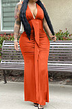 Black Euramerican Women Sexy V Collar Ruffle Sleeveless Solid Color High Waist Long Dress OMY0029-4