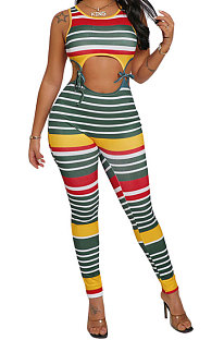 Red Women Multicolor Stripe Crop Sexy Condole Belt Sleeveless Pants Sets PH1222-1