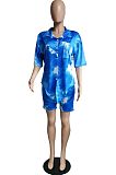 Blue Tie Eye Print Short Sleeve Lapel Neck Single-Breasted Shirt Shorts Two-Piece WA77209-3