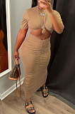 Orange Cotton Blend Short Sleeve Round Neck Ruffle Long Skirt Solid Color Two-Piece WJ5227-3
