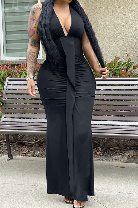 Wine Red Euramerican Women Sexy V Collar Ruffle Sleeveless Solid Color High Waist Long Dress OMY0029-2