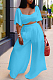 Sky Blue New Wholesal Loose Sleeeve Strapless Wide Leg Pants Solid Color Casual Sets WA7206-1