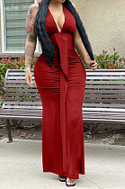 Wine Red Euramerican Women Sexy V Collar Ruffle Sleeveless Solid Color High Waist Long Dress OMY0029-2