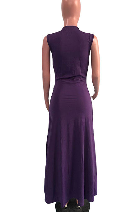 Wine Red Euramerican Women Sexy V Collar Ruffle Sleeveless Solid Color High Waist Long Dress OMY0029-2