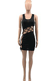 Black Euramerican Women V Collar Low-Cut Crop Sexy Bangdage Holliw Out Solid Color Mini Dress PH1221-1