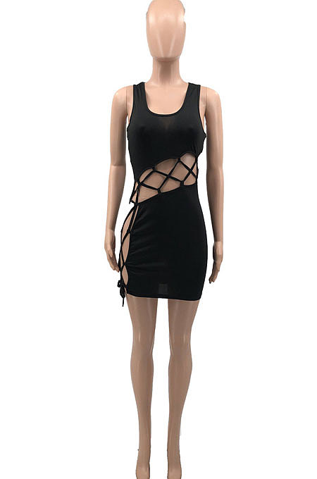 Black Euramerican Women V Collar Low-Cut Crop Sexy Bangdage Holliw Out Solid Color Mini Dress PH1221-1