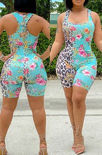 Summer Casaul Leopard Positioning Print Tank Slim Fitting Romper Shorts WA77217-1
