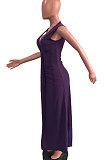 Orange Euramerican Women Sexy V Collar Ruffle Sleeveless Solid Color High Waist Long Dress OMY0029-1