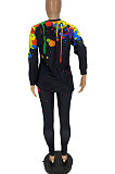 Blue Casual Splash-Ink Printing Long Sleeve Round Neck Jumper Sweat Pants Two-Piece WJ5113-3
