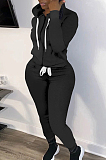 Black New Casual Long Sleeve Zippet Hoodie Sweat Pants Solid Color Two-Piece YM216-1