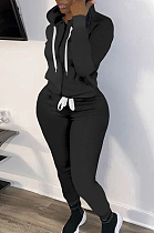 Black New Casual Long Sleeve Zippet Hoodie Sweat Pants Solid Color Two-Piece YM216-1