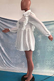 Blue Women Pure Color Long Sleeve Flounce Turn-Down Collar Single-Breasted High Waist T Shirt/Shirt Dress OMY0030-2