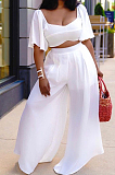 Sky Blue New Wholesal Loose Sleeeve Strapless Wide Leg Pants Solid Color Casual Sets WA7206-1
