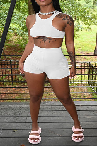 White Cute Crop Tank Shorts Solid Color Yoge Sets YSH6230-1