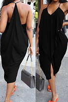 Black Sexy Summer Flounce Irregularity Condole Belt Loose Split Dress WA77210-3