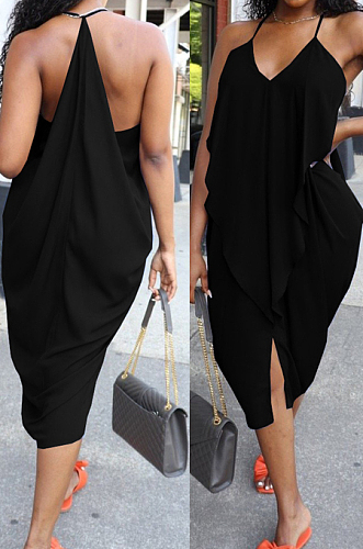 Black Sexy Summer Flounce Irregularity Condole Belt Loose Split Dress WA77210-3