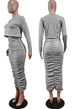 Brick Red Wholesal Long Sleeve Round Collar Jumper Ruffle Long Skirts Casual Sets WY6850-1