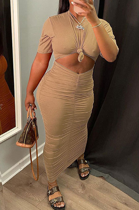 Khaki Cotton Blend Short Sleeve Round Neck Ruffle Long Skirt Solid Color Two-Piece WJ5227-1
