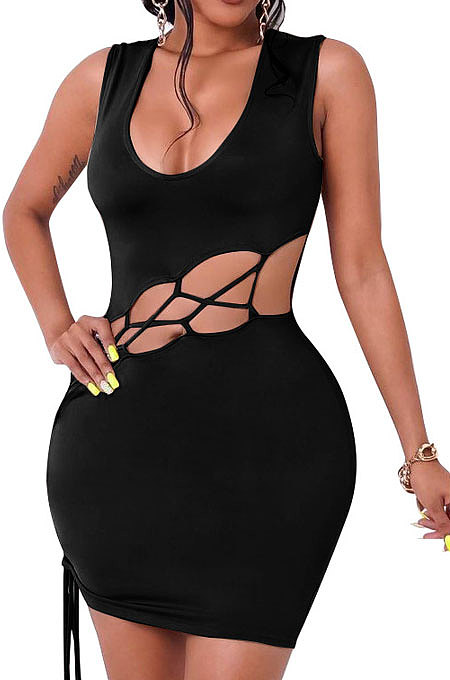 Black Euramerican Women V Collar Low-Cut Crop Sexy Bangdage Holliw Out Solid Color Mini Dress PH1221-1