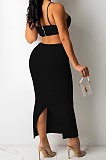 Black Trendy Pure Color Women Sexy Condole Belt Bandage Strapless Backless Ruffle Dew Waist Long Dress XZ5287-2