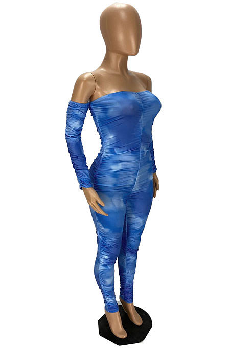 Blue Sexy Tie Dye Printing Spliced Sleeve Strapless Ruffle Boycon Jumpsuits WJ5107 