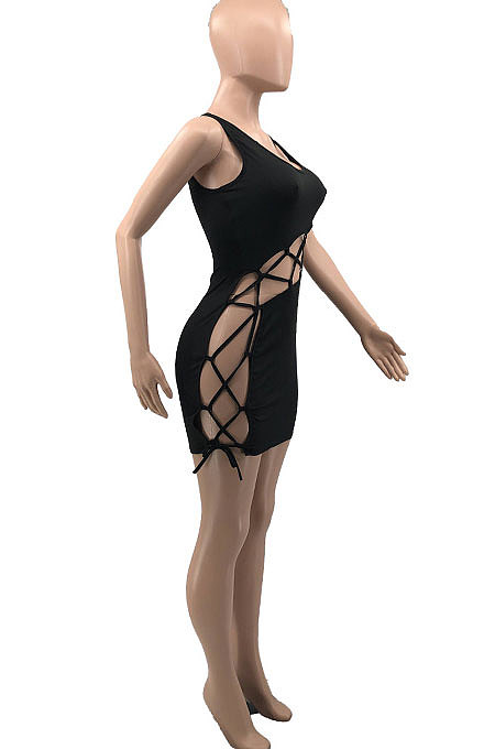 Black Euramerican Women V Collar Low-Cut Crop Sexy Bangdage Holliw Out Solid Color Mini Dress PH1221-1