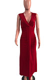 Black Euramerican Women Sexy V Collar Ruffle Sleeveless Solid Color High Waist Long Dress OMY0029-4