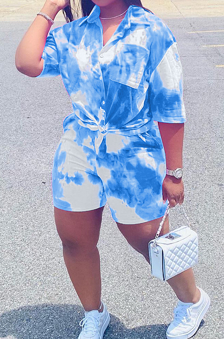 Blue Tie Eye Print Short Sleeve Lapel Neck Single-Breasted Shirt Shorts Two-Piece WA77209-3