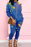 Blue Casual Splash-Ink Printing Long Sleeve Round Neck Jumper Sweat Pants Two-Piece WJ5113-3