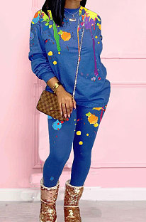 Blue Casual Splash-Ink Printing Long Sleeve Round Neck Jumper Sweat Pants Two-Piece WJ5113-3