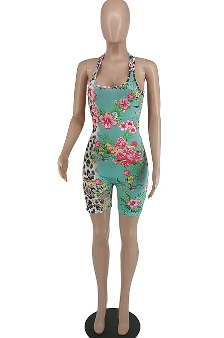 Orange Summer Casaul Positioning Print Tank Slim Fitting Romper Shorts WA77217-2