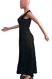 Black Euramerican Women Sexy V Collar Ruffle Sleeveless Solid Color High Waist Long Dress OMY0029-4