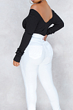 White Sexy Casual Ribber Long Sleeve V Neck Solid Color Bodycon Romper Shorts WY6502-4