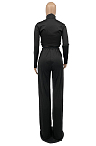 Khaki Euramerican Women Long Sleeve Stand Neck Zippet Coat Elasticband High Waist Wide Leg Pants Sport Two-Piece YYF8245-2