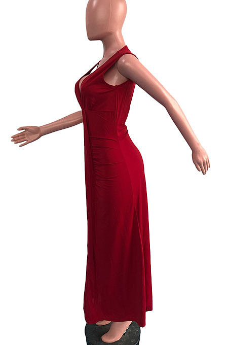 Wine Red Euramerican Women Sexy V Collar Ruffle Sleeveless Solid Color High Waist Long Dress OMY0029-2