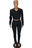 Black Fashion Pure Color Long Sleeve Stand Neck Zipper Blouse High Waist Split Pants Sport Sets WJ5105-3