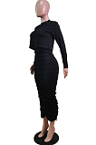 Gray Wholesal Long Sleeve Round Collar Jumper Ruffle Long Skirts Casual Sets WY6850-2